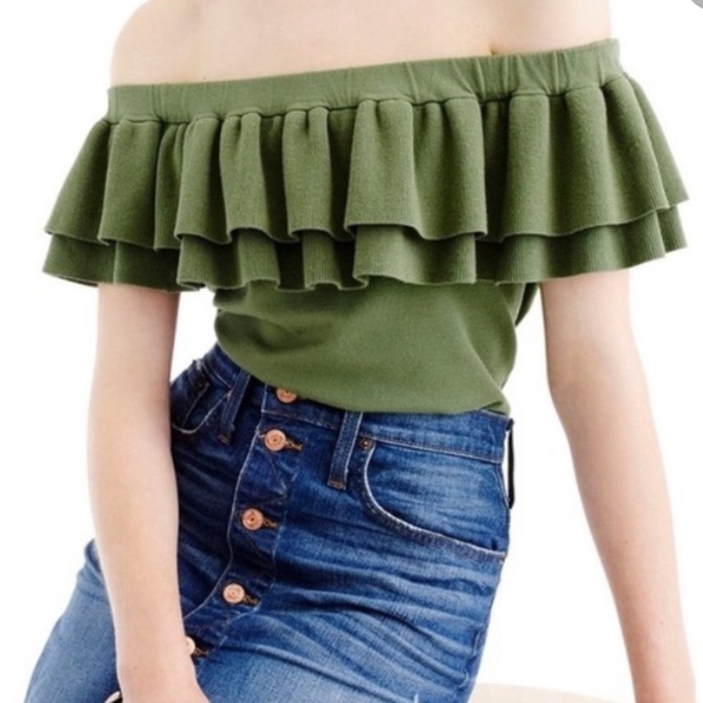 J Crew double ruffle off shoulder knit top
